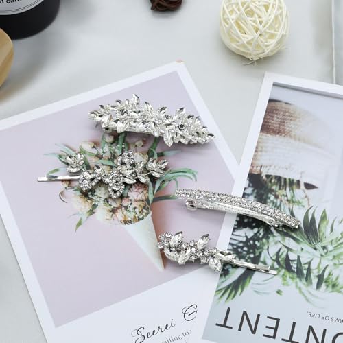 4 Pieces Rhinestone Hair Clips Leaf Wedding Hair Pins Crystal Bobby Pins Silver Bridal Hairpin Barrette for Brides Bridesmaids Flower Girls - color: Silver
