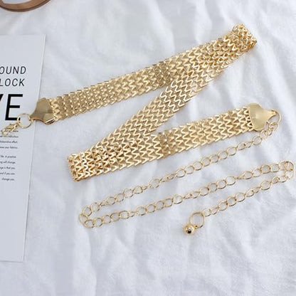 Women's Sparkly Gold Chain Belt 1in Wide Glitter Waist Belt for Wedding Dress Formal Waist 25" Upto 40"
