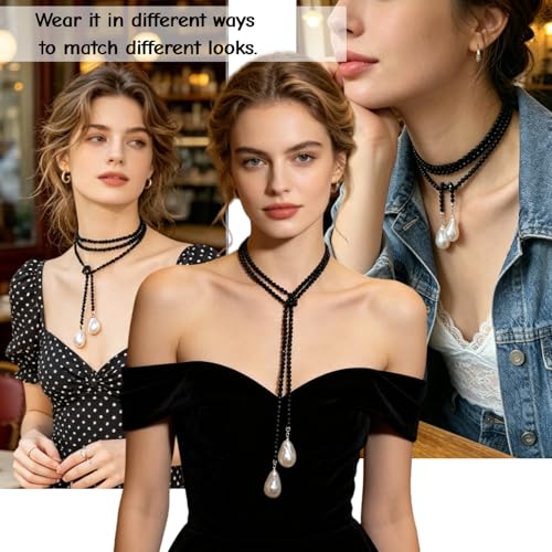 Crystal Beaded Lariat Necklace with Baroque Pearl Drops, Adjustable Y-Shaped Wrap Choker, Elegant Layered Chain Jewelry for Women Daily & Formal Wear - color: black
