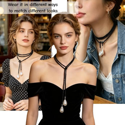 Crystal Beaded Lariat Necklace with Baroque Pearl Drops, Adjustable Y-Shaped Wrap Choker, Elegant Layered Chain Jewelry for Women Daily & Formal Wear - color: black