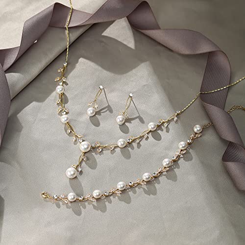 EVER FAITH Cubic Zirconia Pearl Leaf Vine Wedding Jewelry Set for Bride | Crystal Filigree Bridal Necklace Earrings, for Women Bridesmaid - color: 3pcs_Clear Gold-Plated-Brass