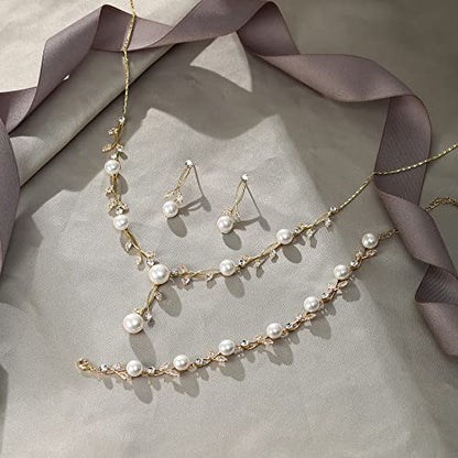 EVER FAITH Cubic Zirconia Pearl Leaf Vine Wedding Jewelry Set for Bride | Crystal Filigree Bridal Necklace Earrings, for Women Bridesmaid - color: 3pcs_Clear Gold-Plated-Brass