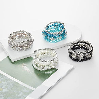 Noessla Beaded Pearl Stretch Bracelet Silver Stackable Crystal Beads Bracelets Trendy Costume Jewelry Mothers Day Gifts for Women - color: Black