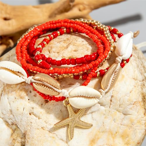 Bohemian Stackable Shell Beaded Ankle Bracelets for Women Colorful Boho Multi-Layer Seashell Gold Starfish Adjustable Handmade Braid Bracelet Summer Beach Holiday Accessories Gifts - color: Red