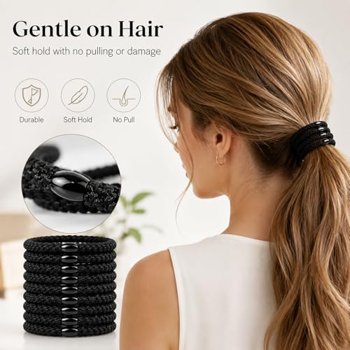 10-Piece Hair Ties: Soft Knitted Hair Tie for Thick/Coarse/Curly Hair. Gentle Hair Ties No Damage—Secure & Protect Strands (Black) - color: Black