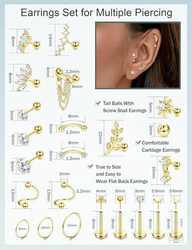 ORAZIO 16 Gauge Cartilage Earrings for Women-Hypoallergenic Surgical Stainless Steel Tragus Earring Set Threadless Flat Back Earrings Push in Nose Studs Daith Conch Tragus Helix Piercing Jewelry - color: Gold Tone