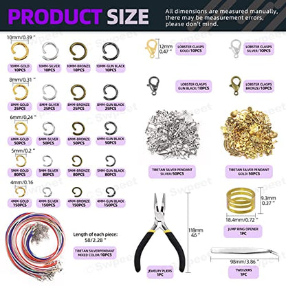 Swpeet 1414Pcs 4mm 5mm 6mm 8mm 10mm Open Jump Rings and Lobster Clasps with Jewelry Repair Tools Assortment Kit, Including Waxed Necklace Cords, 12mm Lobster Clasps, Tibetan Silver Pendant