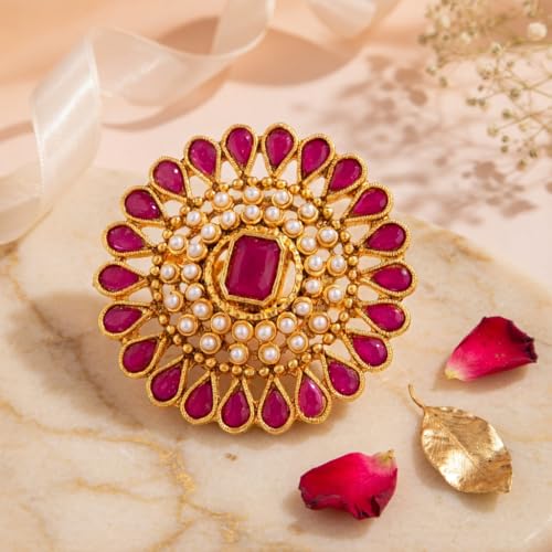 Efulgenz Indian Jewelry Ring Round Faux Pearl Crystal Adjustable Big Finger - color: Dark Pink
