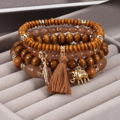 4Pcs Bohemia Multilayer Stackable Elephant Leaf Tassel Bracelets Colorful Wooden Resin Beaded Stretch Bracelets for Women Men Summer Beach Boho Vacation Hawaii Jewelry Gifts - style: StyleC