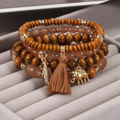 4Pcs Bohemia Multilayer Stackable Elephant Leaf Tassel Bracelets Colorful Wooden Resin Beaded Stretch Bracelets for Women Men Summer Beach Boho Vacation Hawaii Jewelry Gifts - style: StyleC