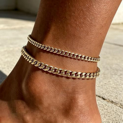Gold Cuban Ankle Bracelets for Women 14K Gold Plated Cuban Link Anklet Chunky Dainty Adjustable Gold Anklet for Women Anklet Set Stackable Figaro Cuban Link Anklets Beach Jewelry - color: gold/cuban chain