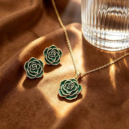 Enamel Rose Necklace and Earrings Jewelry Set for Women | 14K Gold Plated,Rose Represent: Love Gratitude Prid,Adjustable Chain Fit,Elegant Sets for Daily and Party Wear,Gift Box - color: Green