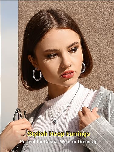 PROSTEEL Chunky Hoop Earrings for Women 14K Gold Plated/Black/Silver | 20/30/40/50/60/70/80mm Stainless Steel Thick Big Round Hoop with Waterproof and Non Tarnish Trendy Jewelry with Gift Box - color: 2. Silver, size: 40MM