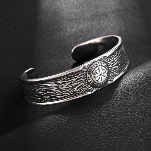 Vegvisir Cuff Bracelet for Men, Stainless Steel Viking Bangle, Norse Style Adjustable Bracelet