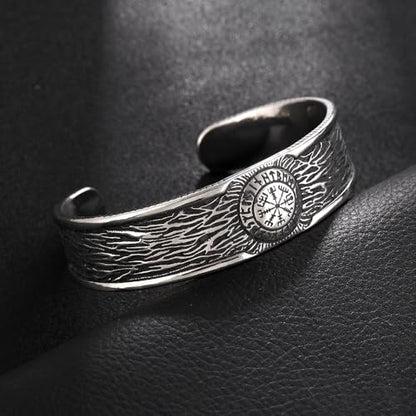 Vegvisir Cuff Bracelet for Men, Stainless Steel Viking Bangle, Norse Style Adjustable Bracelet