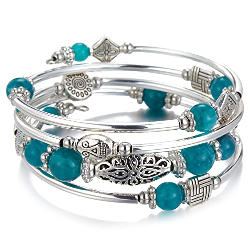 BULINLIN Layered Wrap Bangle Turquoise Bracelet - Bead Bracelet with Natural Agate Stone, Gifts For Women - color: 03-Sea green