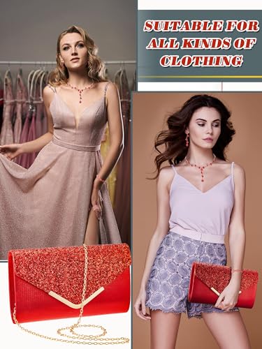 Henoyso 5 Pcs Purse Rhinestone Jewelry Set Prom Jewelry Rhinestone Clutch Purse Necklace Earrings Bracelets for Women Bride - color: Red