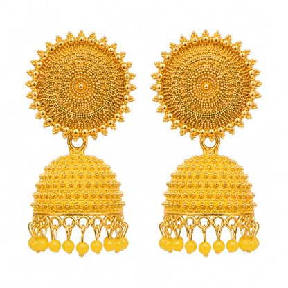 Sunflower Jhumka Jhumki Earrings with Pearl Drops for Ethnic and Wedding Wear, Anniversary, Daily Wear, Indian - color: Yellow