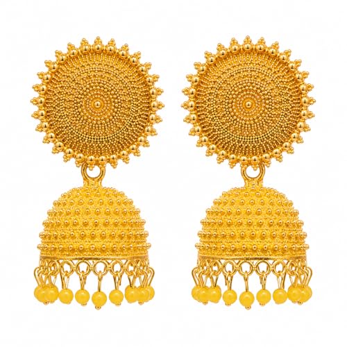 Sunflower Jhumka Jhumki Earrings with Pearl Drops for Ethnic and Wedding Wear, Anniversary, Daily Wear, Indian - color: Yellow