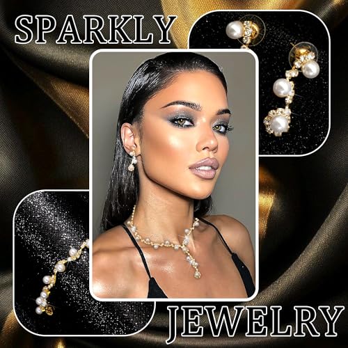Rhinestone Jewelry Set Crystal Pearl Necklace Bracelet Earrings | Sparkly Necklace Dangle Earrings,Wedding Prom Formal Costume Jewelry Sets for Women - color: Gold8