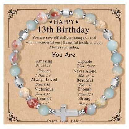 Natural Stone Stretch Bracelet for Women - Holy Water Elastic Cross Bracelet | Christmas Christian Baptism Gift, Meaningful Gifts, Unique Gift for Friends Mom Daughter Sister - style: cross-Happy 13th