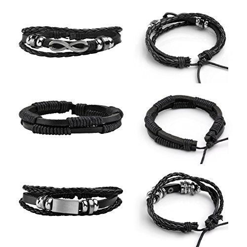 5 Pcs Braided Leather Bracelets for Men Women Woven Cuff Bracelet Adjustable - color: Black(12-Constellation Engraved)