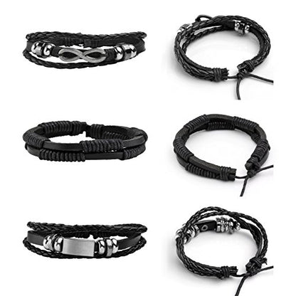 5 Pcs Braided Leather Bracelets for Men Women Woven Cuff Bracelet Adjustable - color: Black(12-Constellation Engraved)