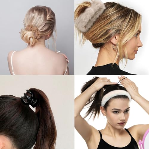 Ouliget Hair Accessories Set for Women, Fuzzy Hair Bands Fuzzy Headband Acrylic Claw Hair Clips Nonslip Jaw Clip Elastic Hair Band,Neutral Colors Winter Hair Accessories,31 Pieces