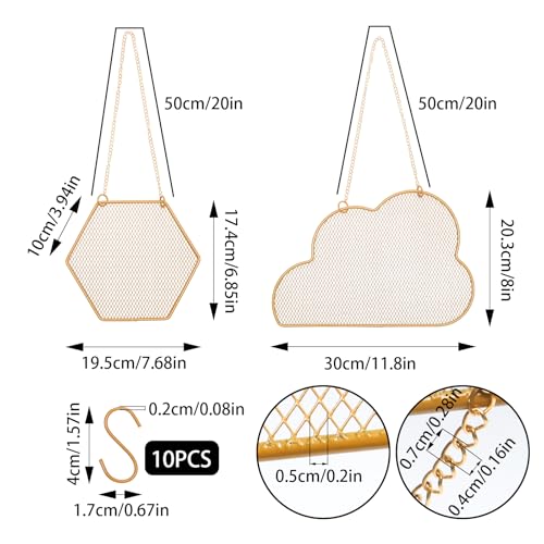 2pcs Gold Wall Mounted Earring Organizer with 10 Hooks,Decorative Jewelry Stand Diamond Grid Display Rack Hanging Hook,Metal Jewelry Holder for Home/Necklaces/Bracelets(Hexagon+Cloud) - size: Hexagon+Cloud