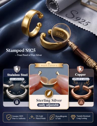 Subiceto 925 Sterling Silver Ear Cuffs Non Piercing - Adjustable Hypoallergenic 14K Gold Plated Clip On Earrings for Women Cubic Zirconia Silver Ear Cuff Helix Cartilage Fake Piercing - color: 01 Wide Gold Tone
