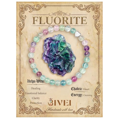 Bivei Crystal Stretch 6mm Bracelets for Women | Handmade Natural Stone Beaded Stretch Bracelet, Stainless Steel Heart Bead, Tranquility Yoga Gift Jewelry for Women - color: Fluorite - Cleansing