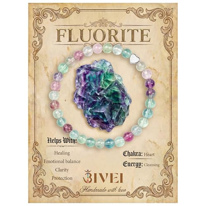 Bivei Crystal Stretch 6mm Bracelets for Women | Handmade Natural Stone Beaded Stretch Bracelet, Stainless Steel Heart Bead, Tranquility Yoga Gift Jewelry for Women - color: Fluorite - Cleansing