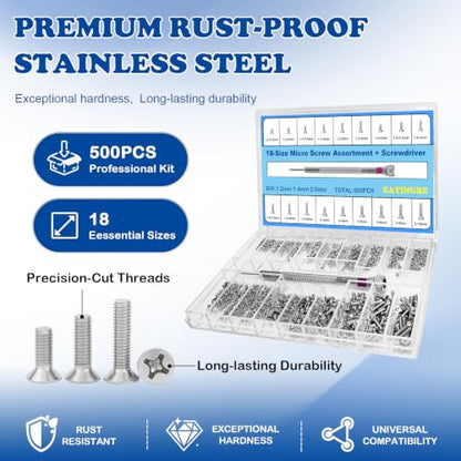 500Pcs Micro Screws Assortment Kit, 18 Sizes M1.2 M1.4 M2 Tiny Screws | for Glasses, Watches, Laptop, Electronics Repair, Stainless Steel, with Screwdriver