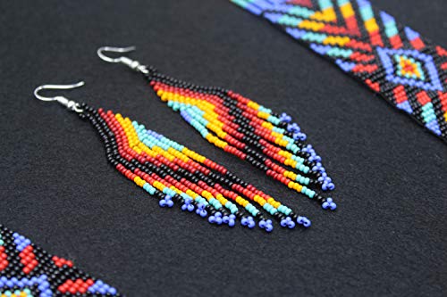 Handmade Beaded Indian Necklace,Inspired by Native American Style Long Necklace Earrings Set,One of a Kind beaded Necklace for Women,Perfect for Occasions, Gifts - color: Rainbow