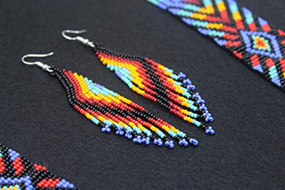 Handmade Beaded Indian Necklace,Inspired by Native American Style Long Necklace Earrings Set,One of a Kind beaded Necklace for Women,Perfect for Occasions, Gifts - color: Rainbow