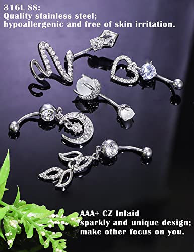 Prjndjw Belly Button Dangle 14G Surgical Steel Rings Pregnancy Snakes Glow CZ Heart Silver 11pcs Piercing Kit - color: Silver White Belly button ring