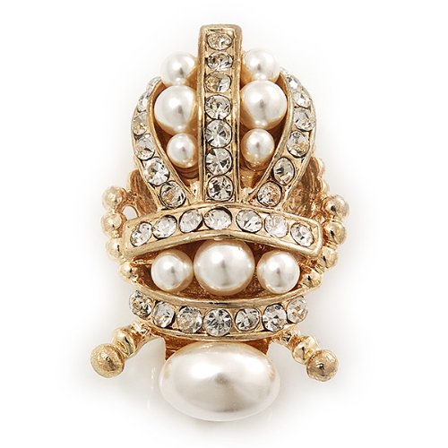 Clear Crystal/Simulated Pearl Egyptian 'Scarab' Beetle Brooch In Gold Plating - 4.5cm Length