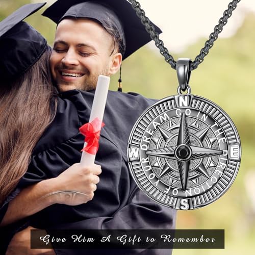 Compass Necklace Sterling Silver Nautical Graduation Gift | 925 Sterling Silver compass pendant with meaningful nautical design, jewelry for women, graduation and travel gift - color: Black-11