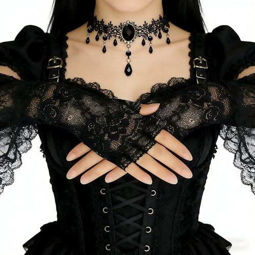 Women's Goth Accessories Set - Black Lace Fingerless Gloves and Velvet Choker Necklace for Halloween, Prom, 1920s Party & Gothic Cosplay
