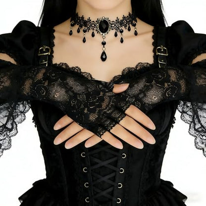 Women's Goth Accessories Set - Black Lace Fingerless Gloves and Velvet Choker Necklace for Halloween, Prom, 1920s Party & Gothic Cosplay