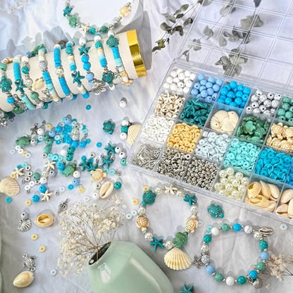 1860Pcs Ocean Beads for Bracelets Making Kit, Blue and White Summer Beach Bead for Jewelry Making, Sea Turtle Shell Starfish Shape Beads 8mm Round Cly Bead for DIY Craft Bracelets Earring (Blue) - color: Blue