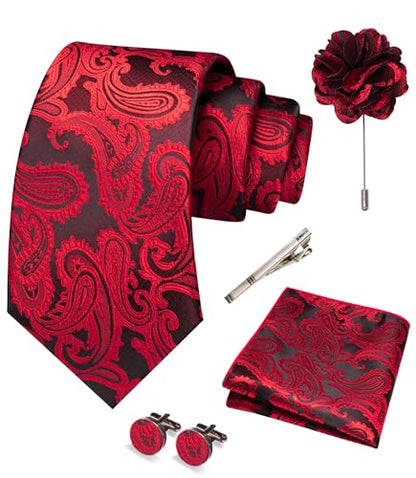 JEMYGINS Mens Paisley Tie and Pocket Square,Lapel Pin,Cufflinks,Tie Clip Sets with Gift Box 5PCS - color: Red/Black