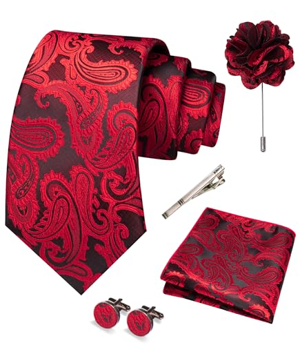 JEMYGINS Mens Paisley Tie and Pocket Square,Lapel Pin,Cufflinks,Tie Clip Sets with Gift Box 5PCS - color: Red/Black