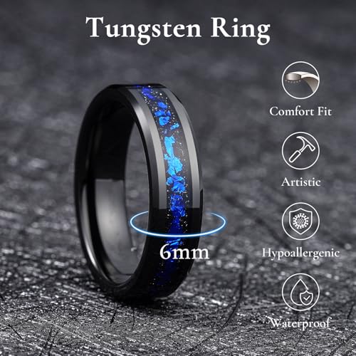 King Will Mens Wedding Band with Foils Inlay, Black/Silver/Gold Beveled Edge Glowstone Ring, 6mm/8mm Tungsten Carbide Rings Comfort Fit - color: Black&Blue-6mm