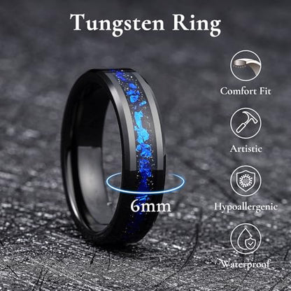 King Will Mens Wedding Band with Foils Inlay, Black/Silver/Gold Beveled Edge Glowstone Ring, 6mm/8mm Tungsten Carbide Rings Comfort Fit - color: Black&Blue-6mm