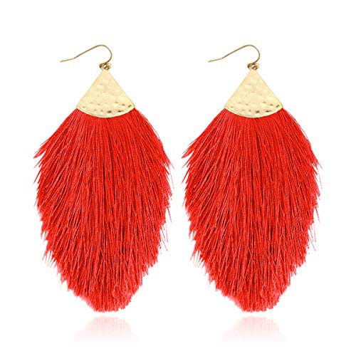 Bohemian Silky Thread Fan Fringe Tassel Statement Earrings - Lightweight Strand Feather Shape Dangles - color: Feather Fringe - Red