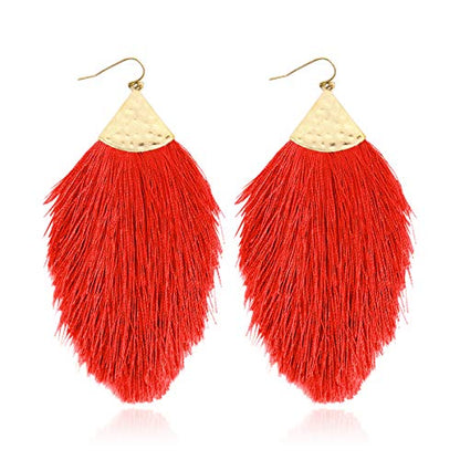 Bohemian Silky Thread Fan Fringe Tassel Statement Earrings - Lightweight Strand Feather Shape Dangles - color: Feather Fringe - Red