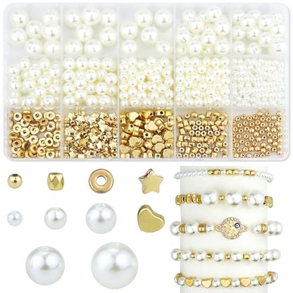 Gold Spacer and Pearl Beads for Bracelets, 5 Sizes White Pearls and 5 Styles Gold Beads, Bracelet Making Kit for Jewelry Making Necklaces Earrings DIY Crafts (720 Pcs)