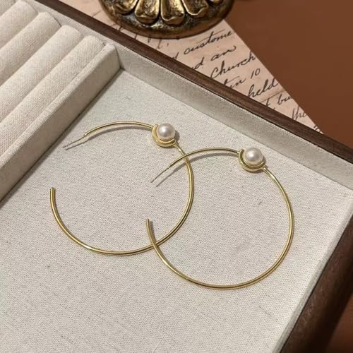 OwMell Large Hoop Earrings for Women 925 Sterling Silver Post 14K Gold Plated Big Hoops Earrings Trendy Pearl Cubic Zirconia Hoop Earrings - color: Pearl Gold