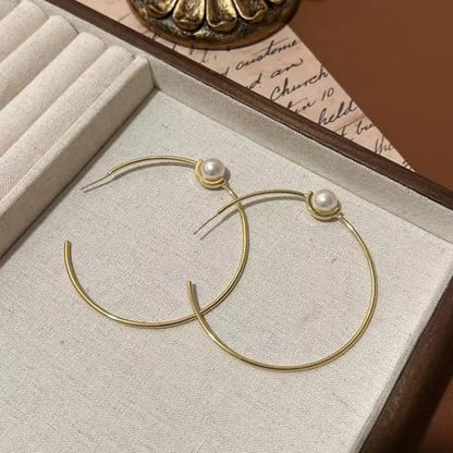 OwMell Large Hoop Earrings for Women 925 Sterling Silver Post 14K Gold Plated Big Hoops Earrings Trendy Pearl Cubic Zirconia Hoop Earrings - color: Pearl Gold